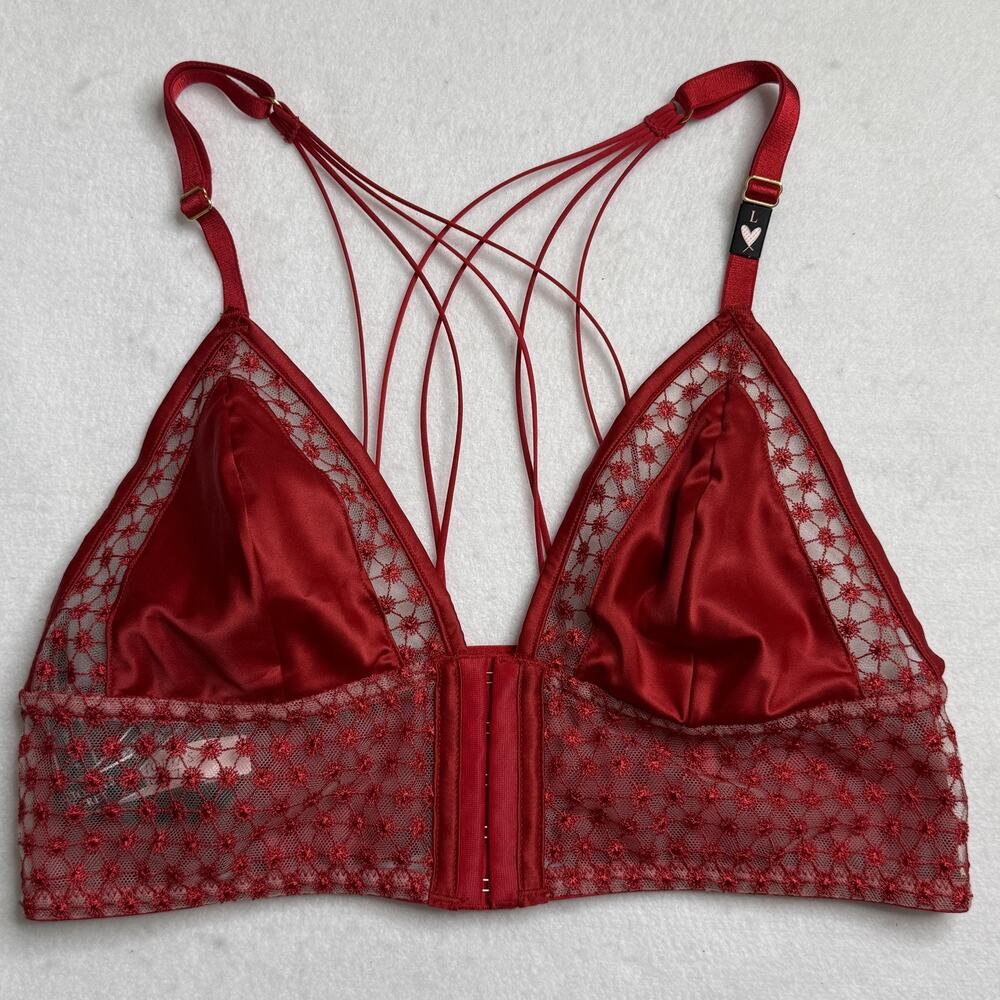 Victoria's Secret Bralette Womens Large Red Lace Mesh Strappy Back Wireless NEW